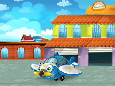 cartoon scene with plane vehicle on the road near the garage or repair station - illustration for children