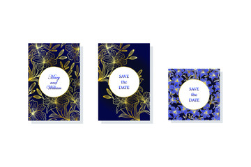 Set of cards with lily flowers, leaves. Wedding navy blue and gold concept. Vector illustration eps10. 