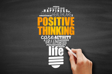 Positive thinking light bulb word cloud collage
