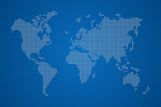 Pixel dotted world map on blue background. Vector illustration