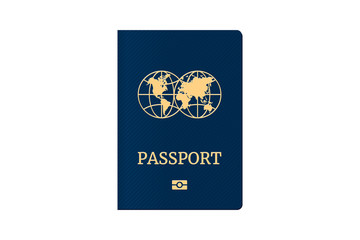 Passport with world map globe on blue cover. Biometric identification document for travel template. Vector illustration