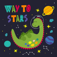 poster with a sleeping dinosaur in space  - vector illustration, eps    