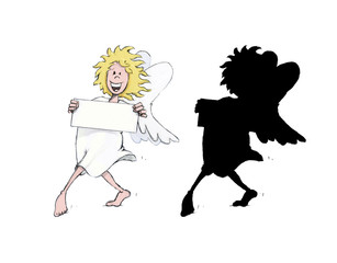 Drawn laughing angel holding up an empty sign for a text. Alpha mask is included. Laughing cartoon angel.