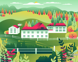 Hills and mountains landscape, house farm in flat style design. Outdoor panorama countryside illustration. Green field, tree, forest, mountains, sky and sun. Rural location, cartoon vector background