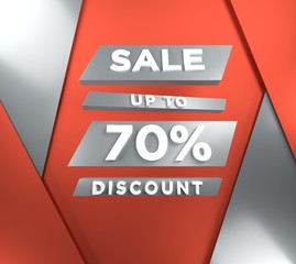 Up to 70 percent off, special offer banner, text on blue purple and yellow background, 3d render