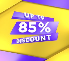 Up to 85 percent off, special offer banner, text on blue purple and yellow background, 3d render