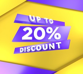 Up to 20 percent off, special offer banner, text on blue purple and yellow background, 3d render