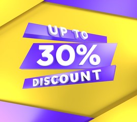 Up to 30 percent off, special offer banner, text on blue purple and yellow background, 3d render