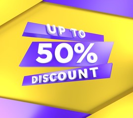 Up to 50 percent off, special offer banner, text on blue purple and yellow background, 3d render