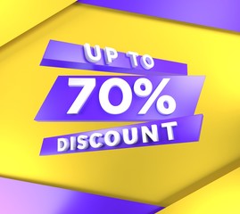 Up to 70 percent off, special offer banner, text on blue purple and yellow background, 3d render