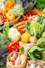 Zero waste shopping. Variety of colorful organic vegetables, cabbage tomatoes onions mushrooms squash peppers garlic. Healthy background close up, selective focus