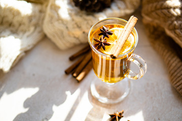 Hot winter drink with cinnamon and lemon on bright sunny day