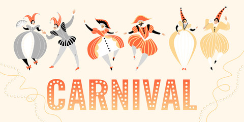 Carnival banner with funny characters in traditional  Italian costumes and headdresses. - obrazy, fototapety, plakaty