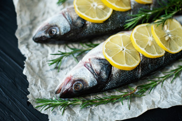 Two Raw fish fillet with spices, herbs, lemon and salt on black stone background