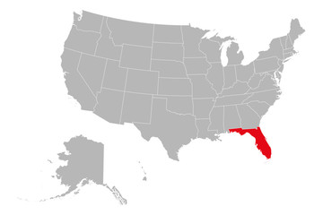 Fototapeta na wymiar Florida highlighted red US map vector illustration. Gray background. United states political map.