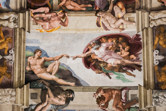 Vatican, Italy - October 6, 2016: Detail of the Universal Judgement inside the Sistine Chapel in Vatican City.