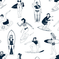 Seamless pattern with hand drawn people surfing