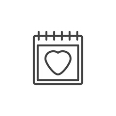Happy valentine's day calendar line icon. linear style sign for mobile concept and web design. Calendar with heart page outline vector icon. Symbol, logo illustration. Vector graphics
