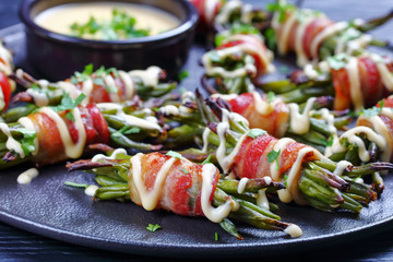 close-up of Bacon wrapped Green Bean Bundles