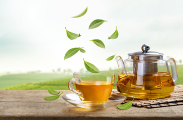Jug and hot tea glass cup with flying whirl green tea leaves in the air in tea plantations, Healthy products by organic natural ingredients concept,