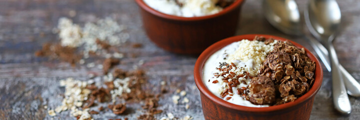 Keto diet. Healthy breakfast with yogurt and seeds. Selective focus. Macro.