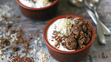 Keto diet. Healthy breakfast with yogurt and seeds. Selective focus. Macro.
