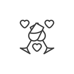 Champagne Glasses Toasting line icon. linear style sign for mobile concept and web design. Wine glasses and hearts outline vector icon. Valentine day symbol, logo illustration. Vector graphics