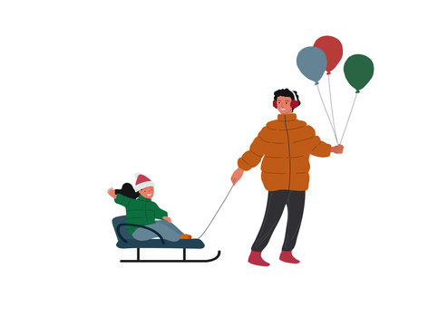Christmas holiday greeting elements with happy Children. Boy carries his sister girl on sleid. New Year card. Winter festive Vector cartoon isolated