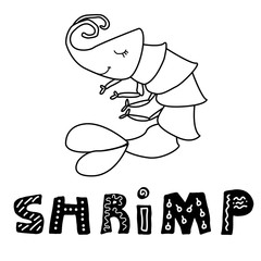 vector illustration. black and white shrimp isolated on white background. black stroke. underwater world. Children coloring. hand drawn nordic lettering Whale. letters decorated