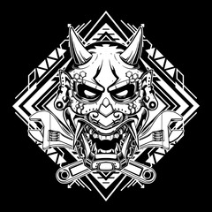 Japanese demon mask with tribal sacred geometry suitable for t-shirt, tank tops, mugs, phone cases, stickers, posters. Vector illustration. Culture objects black and white style