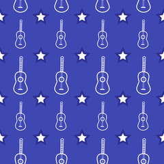 Seamless pattern with repeat guitars and stars on the blue background. Music ornament for banner, poster, card, album cover, wrapping paper, packaging. Vector illustration