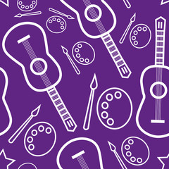 Seamless fun pattern with guitars and paints on the purple background. Vector ornament for musicians and painters. Usable for banner, poster, card, album cover, wrapping paper, packaging, textile