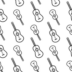 Naklejka premium Guitar seamless pattern for banner, poster, card, album cover, wrapping paper, packaging, textile. Vector rock ornament with black guitar silhouettes on the white background