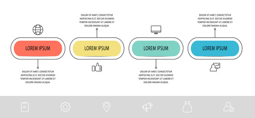 Vector infographic flat template. Shape with icons for four diagrams, graph, flowchart, timeline, marketing, presentation. Business concept with 4 labels