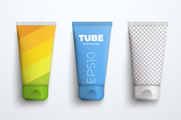 Set of vector mockups of realistic plastic tube for cream or liquid.