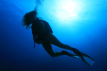 Silhouette of female scuba diver