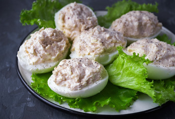 A light snack of stuffed eggs with cheese and sauce on lettuce leaves in a ceramic plate on a gray table, side view