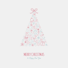 Fototapeta na wymiar Christmas tree with beautiful icons and greetings. Vector