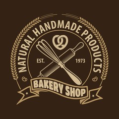 Bakery or bread shop logo design template with Whisk and Rolling pin. Vector illustration