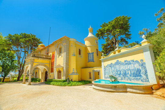 Cascais, Portugal - August 6, 2017: architecture of Castro Guimaraes Museum in gothic, Portuguese and Arabian style. The Castro Museum and Jardim Marechal Carmona, is one of the best sights of Cascais