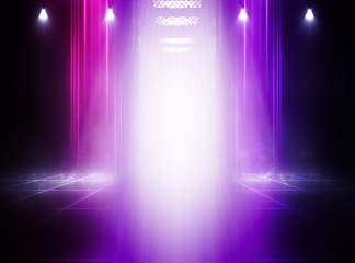 Open elevator doors close-up, neon lights on a dark abstract background. Empty stage in the club