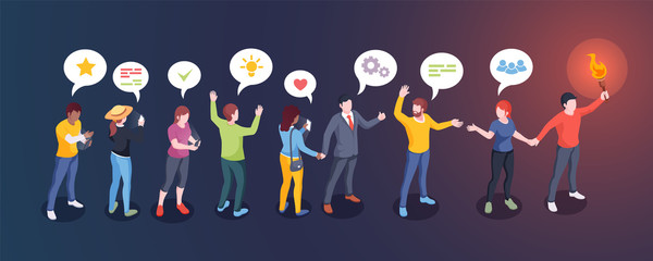 Social audience influence, opinion leader and influencer, vector creative design. Man with torch lead people followers, social media community and internet marketing concept