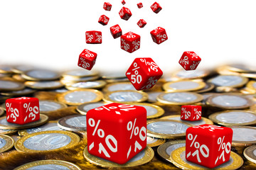 Discounts. Sell-out. Red cubes with discounts fall to the surface of Russian coins. 3D Illustration