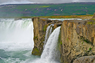 The Power and magic of powerful Iceland Godafoss Waterfall Cascade with beautiful nature and landscape