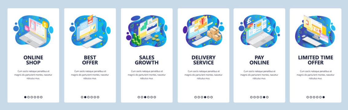 Mobile app onboarding screens. Online shopping and payment, sale, best offer, delivery, business charts. Vector banner template for website and mobile development. Web site design flat illustration