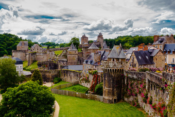 The Chateau de Fougeres: Medieval black roofed castle and town on the edge of Brittany, Maine and Normandy, Fougeres, France.