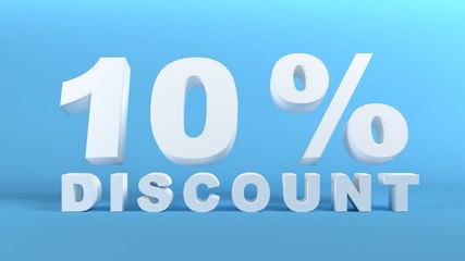 10 Percent Discount in white 3D text on light blue background, 3d render