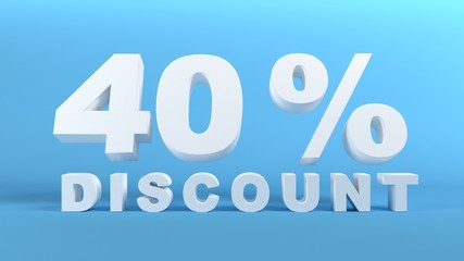 40 Percent Discount in white 3D text on light blue background, 3d render