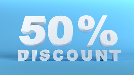 50 Percent Discount in white 3D text on light blue background, 3d render