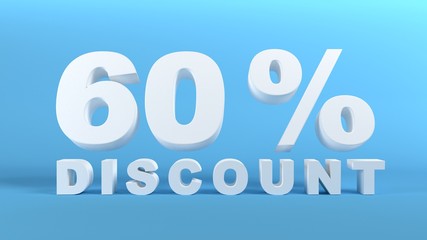 60 Percent Discount in white 3D text on light blue background, 3d render